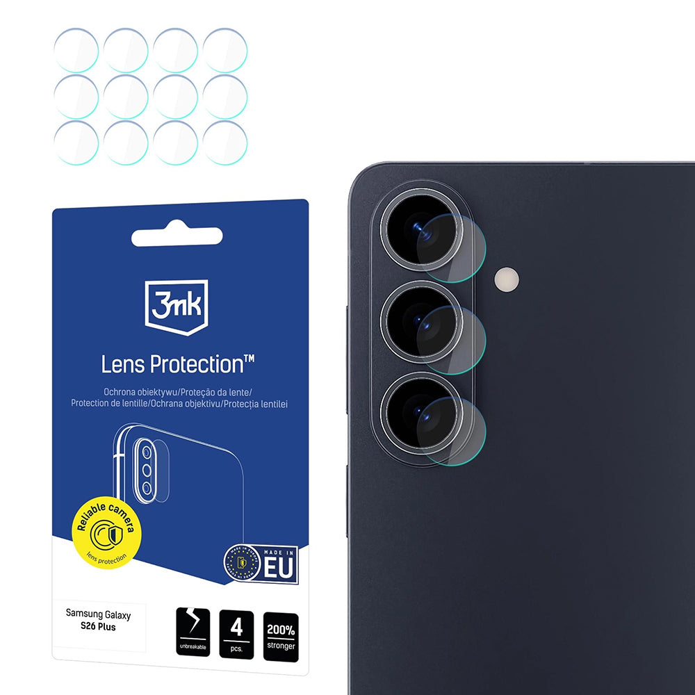 Beschermfolie Achtercamera 3MK Protection voor Samsung Galaxy S26 Plus S947, Gehard Glas, Set van 4 stuks, Transparant