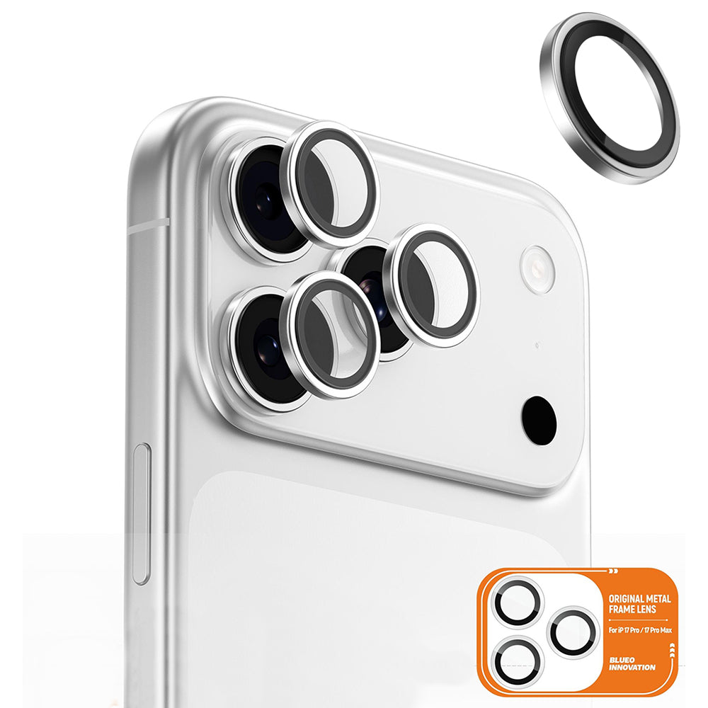 Beschermfolie Achtercamera Blueo Metal Frame voor Apple iPhone 17 Pro Max / 17 Pro, Gehard Glas, Zilverkleurig