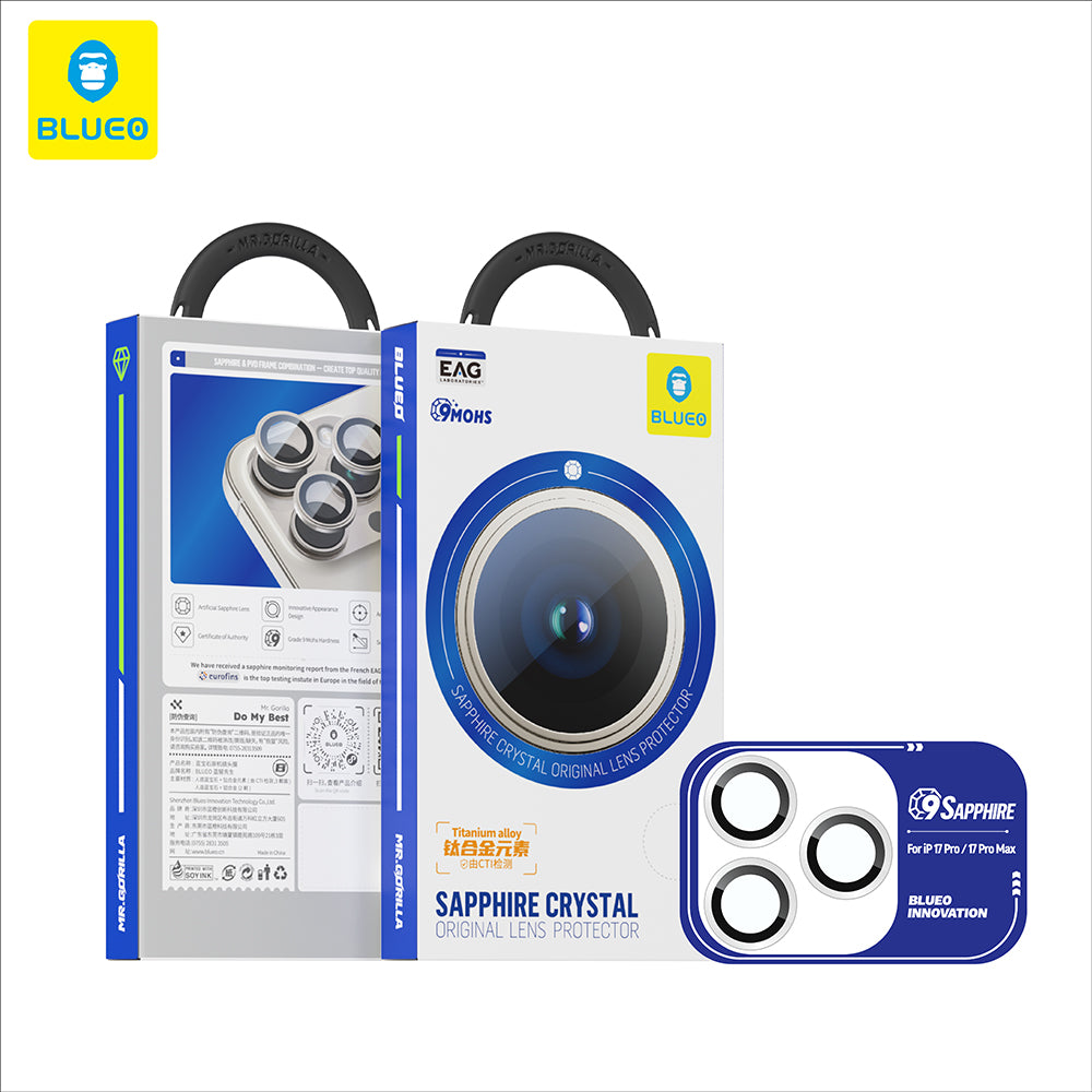 Beschermfolie Blueo Sapphire Crystal voor de achtercamera van Apple iPhone 17 Pro Max / 17 Pro, Gehard Glas, Donkerblauw