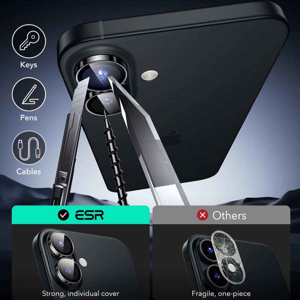Beschermfolie Achtercamera ESR Armorite voor Apple iPhone 17 / 16 Plus / 16, Gehard Glas, Zwart