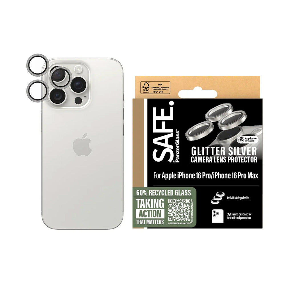 Beschermfolie PanzerGlass Safe voor de achtercamera. Glitter voor Apple iPhone 16 Pro Max / 16 Pro, Gehard Glas, Zilverkleurig