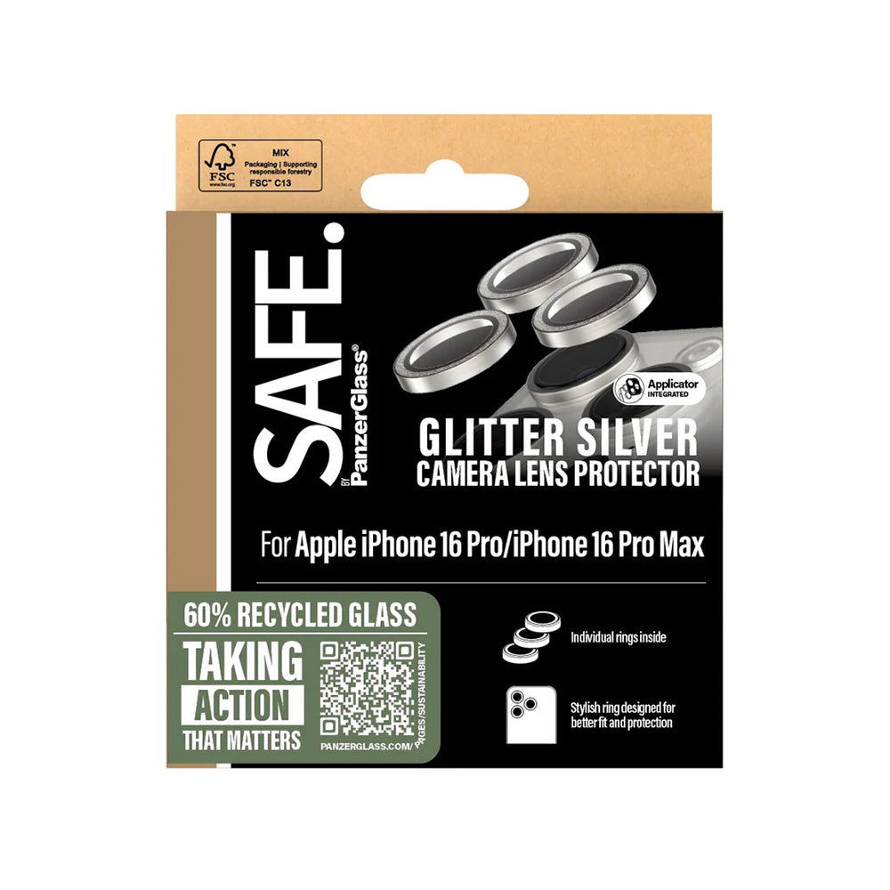 Beschermfolie PanzerGlass Safe voor de achtercamera. Glitter voor Apple iPhone 16 Pro Max / 16 Pro, Gehard Glas, Zilverkleurig