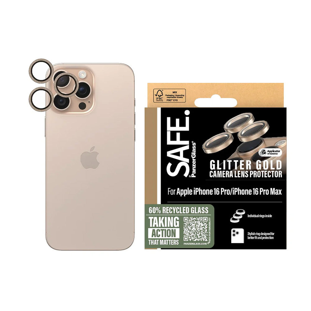 Beschermfolie PanzerGlass Safe voor de achtercamera. Glitter voor Apple iPhone 16 Pro Max / 16 Pro, Gehard Glas, Goudkleurig