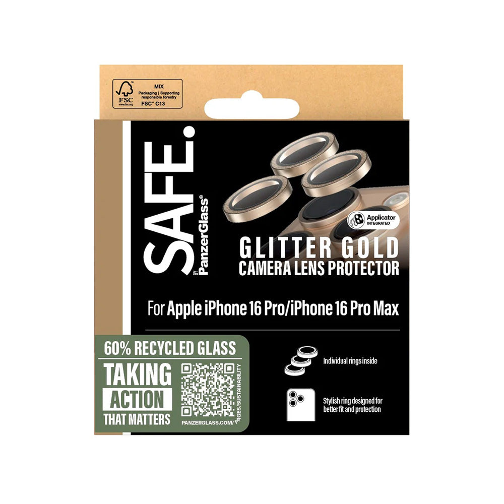 Beschermfolie PanzerGlass Safe voor de achtercamera. Glitter voor Apple iPhone 16 Pro Max / 16 Pro, Gehard Glas, Goudkleurig