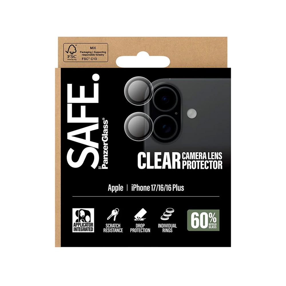 Beschermfolie PanzerGlass Safe voor de achtercamera. voor Apple iPhone 17 / 16 Plus / 16, Gehard Glas, Transparant