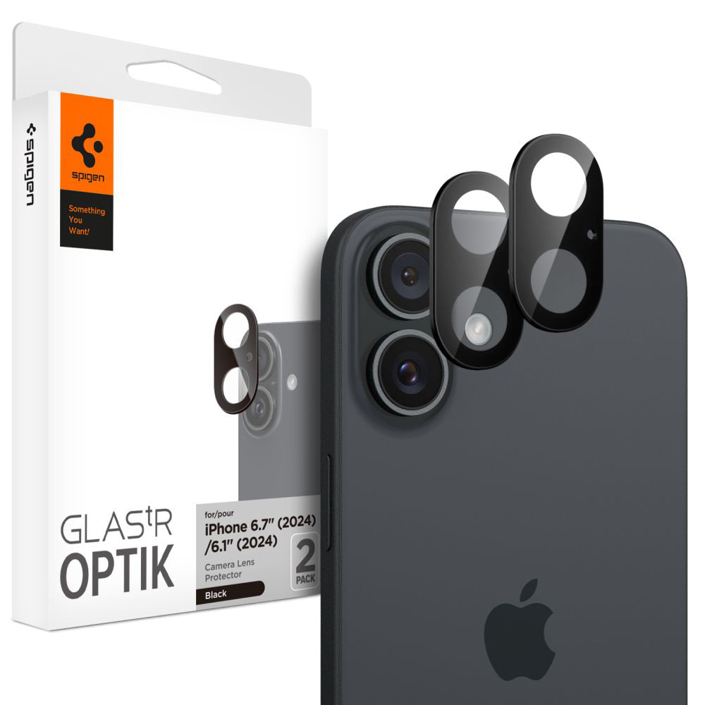 Beschermfolie Achtercamera Spigen GlastR Optik voor Apple iPhone 16 Plus / 16, Gehard Glas, Set van 2 stuks, Zwart AGL07922