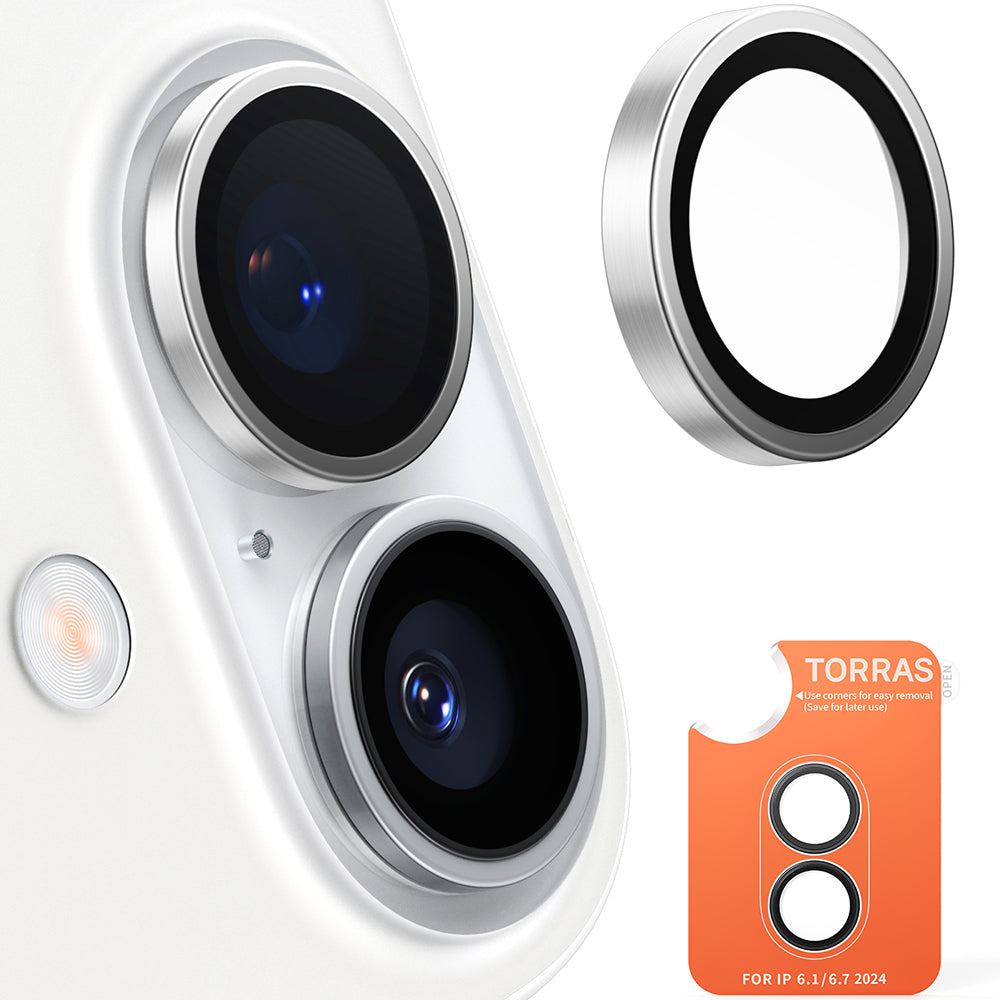 Beschermfolie Torras Lensguard voor de achtercamera van Apple iPhone 16 Plus / 16, Gehard Glas, Metallic Grijs