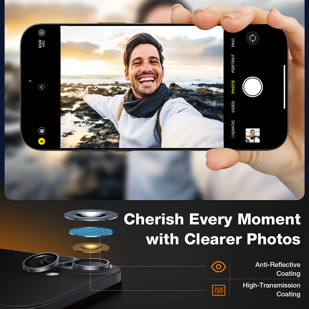 Beschermfolie Torras Lensguard voor de achtercamera van Apple iPhone 16 Plus / 16, Gehard Glas, Metallic Grijs