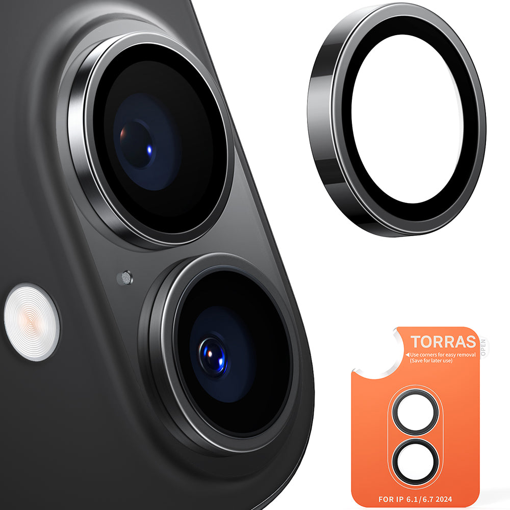 Beschermfolie Torras Lensguard voor de achtercamera van Apple iPhone 16 Plus / 16, Gehard Glas, Zwart