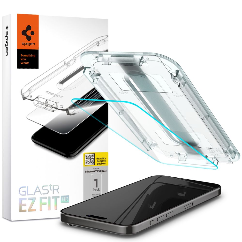 Spigen GlastR EZ FIT HD schermbeschermfolie voor Apple iPhone 15 Pro, Gehard Glas, Volledige Lijm, 2.5D AGL06898
