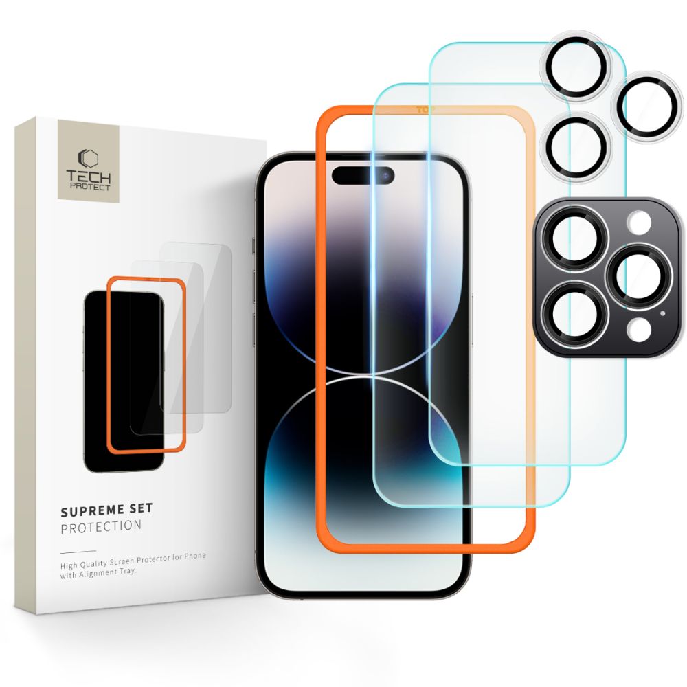 Tech-Protect Supreme Scherm- en Camerabeschermfolie voor Apple iPhone 16 Pro, Glasbescherming, Volledig gelijmd