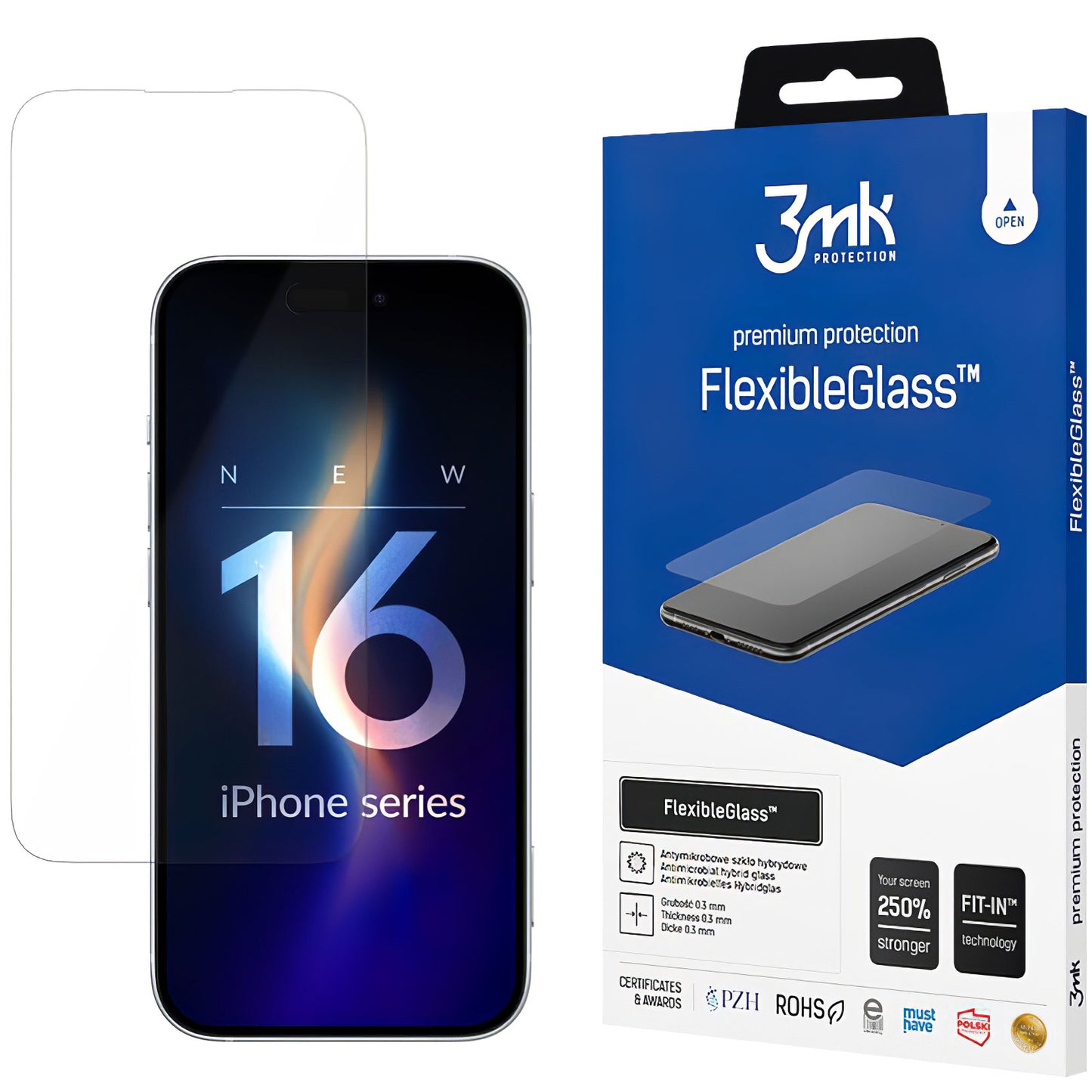 3MK FlexibleGlass schermbeschermfolie voor Apple iPhone 16, Flexibel Glas, Volledige Lijm