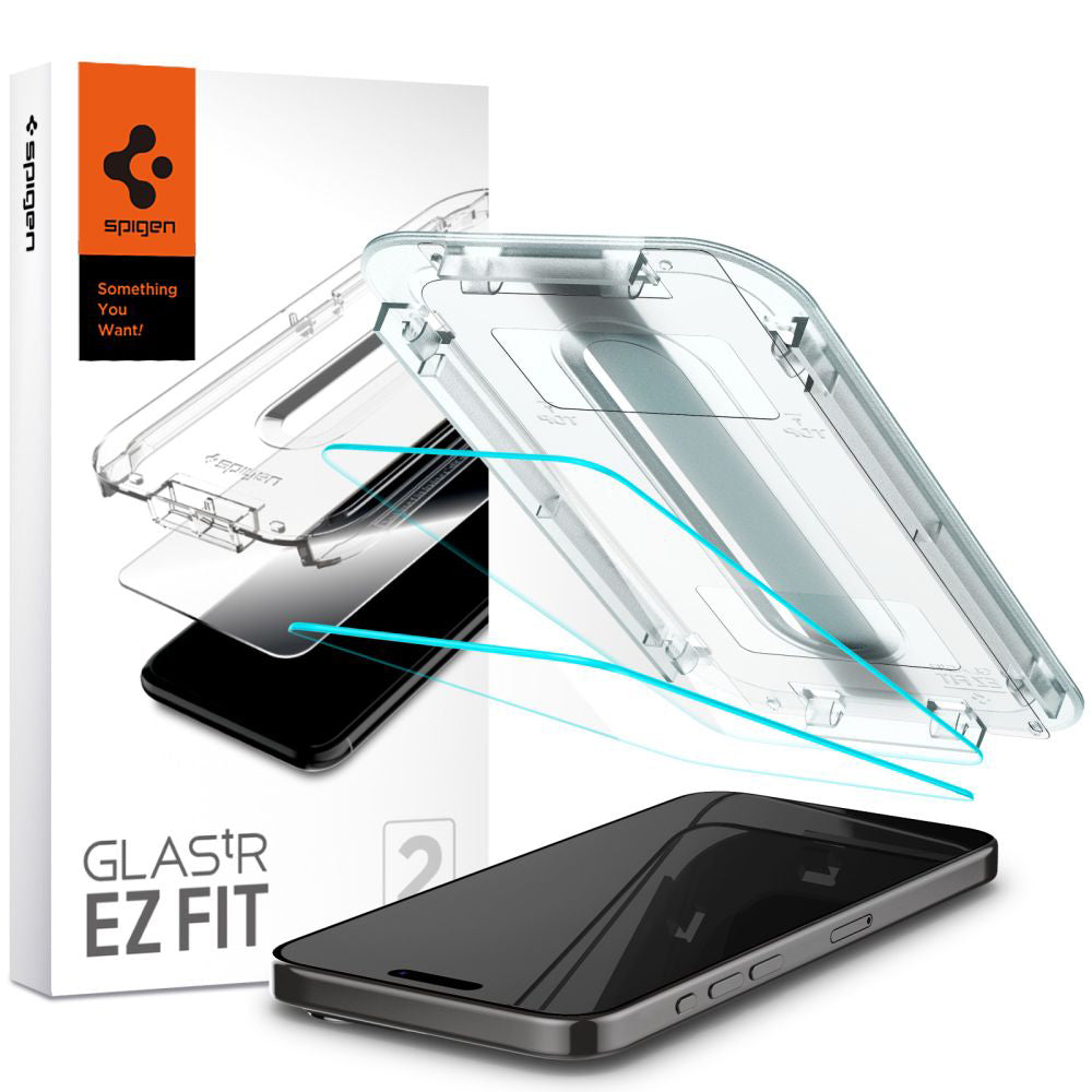 Beschermfolie Spigen GlastR EZ FIT voor Apple iPhone 15 Pro Max, Gehard Glas, Volledige Lijm, Set van 2 stuks AGL06872