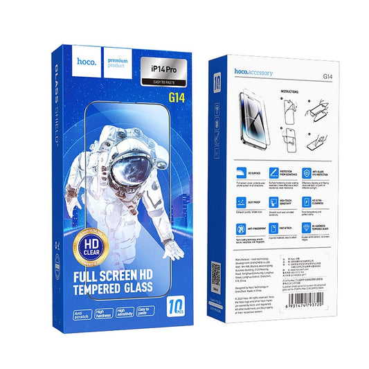 HOCO schermbeschermfolie voor Apple iPhone 14 Pro, Gehard Glas, Volledige Lijm, Set van 10 stuks, Zwart