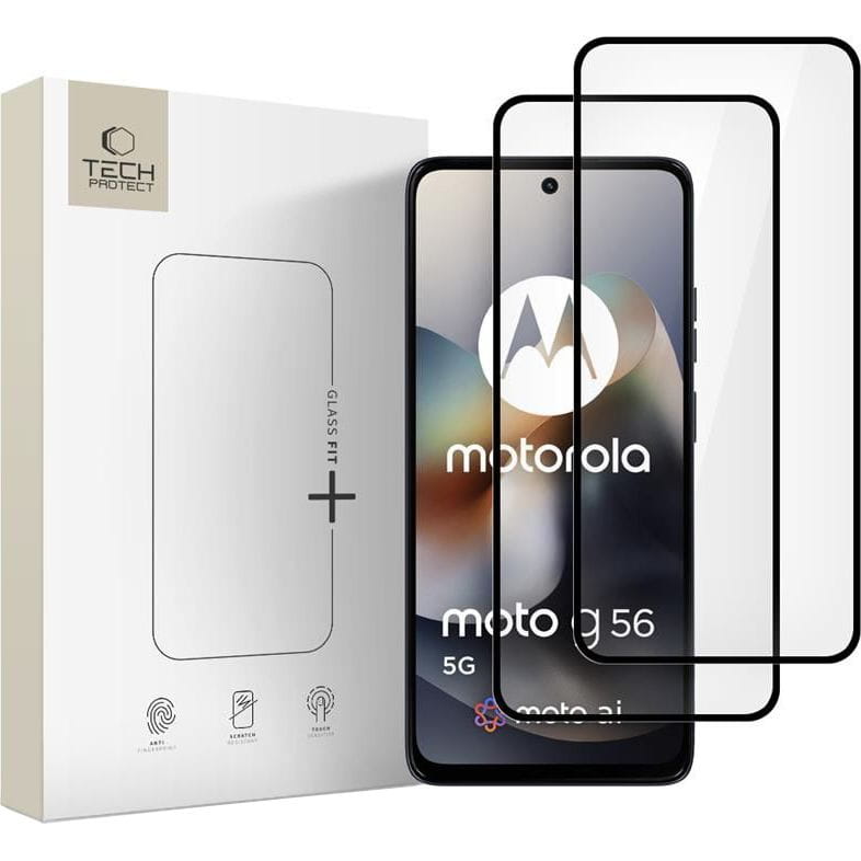 Beschermfolie Tech-Protect FIT+ voor Motorola Moto G56, Gehard Glas, Volledige Lijm, Set van 2 stuks, 2.5D, Zwart