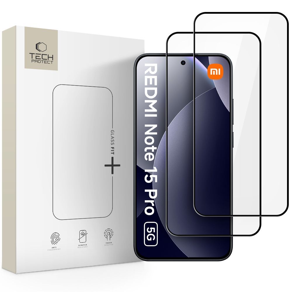 Tech-Protect FIT+ schermbeschermfolie voor Xiaomi Redmi Note 15 Pro 5G, Gehard Glas, Volledige Lijm, Set van 2 stuks, 2.5D, Zwart