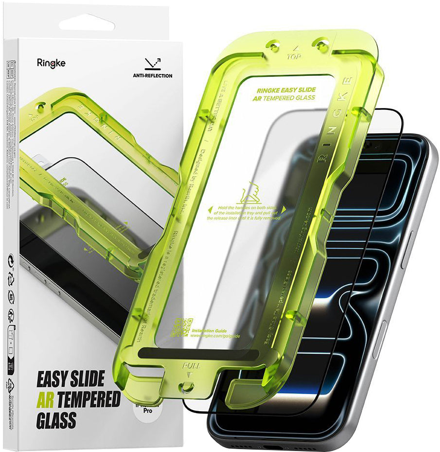 Ringke Easy Slide AR schermbeschermfolie voor Apple iPhone 17 Pro, gehard glas, volledige lijm, 2.5D, zwart
