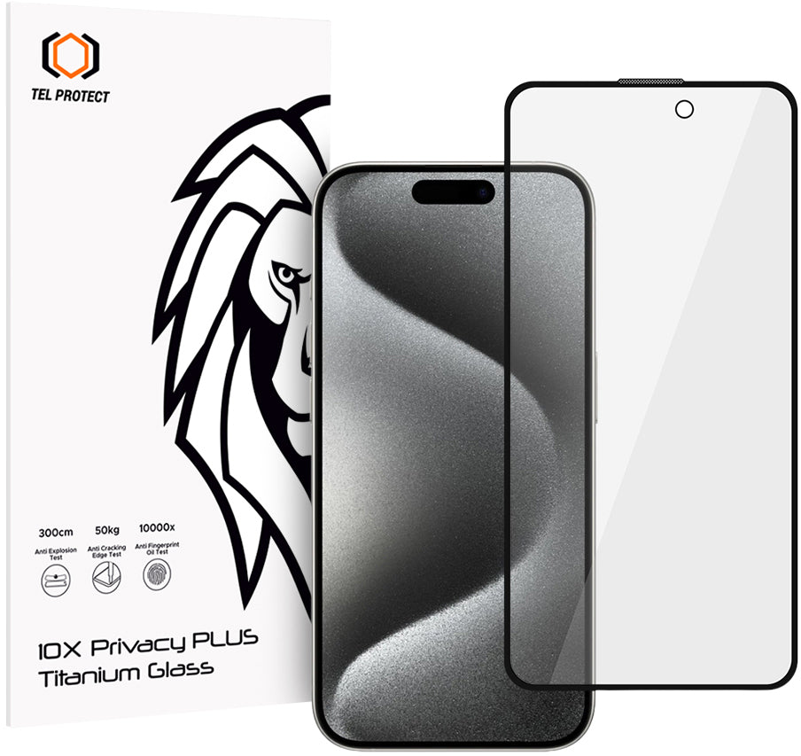 Privacy-schermbeschermer Tel Protect 10X Plus Titanium voor Apple iPhone 17 / 16 Pro, gehard glas, volledige kleeflaag