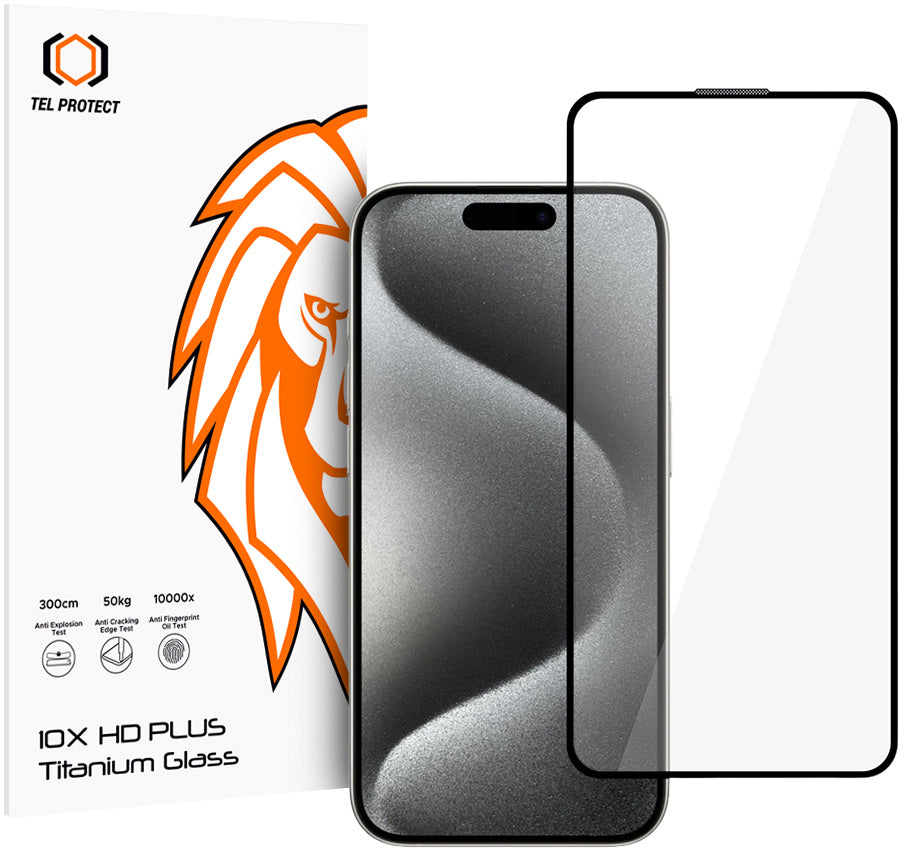 Tel Protect 10X HD Plus Titanium schermbeschermer voor Apple iPhone 17 / 16 Pro, gehard glas, volledige kleeflaag, zwart