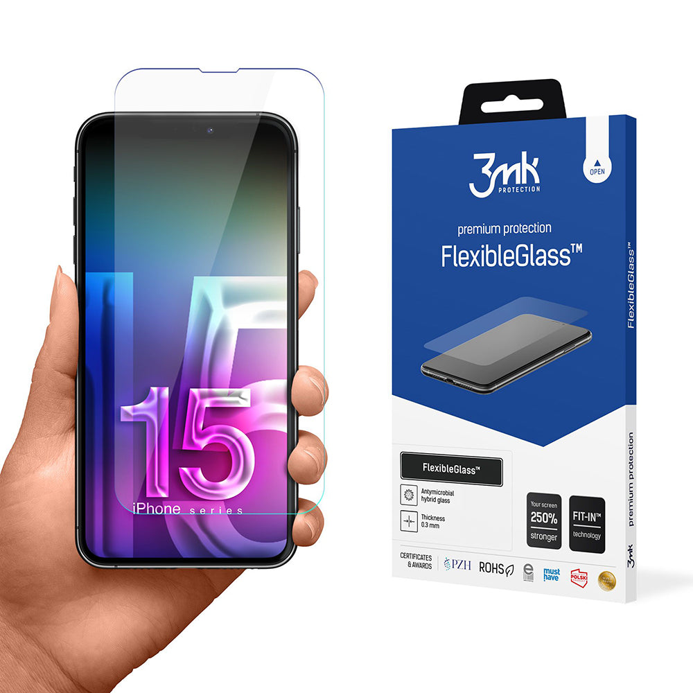 3MK FlexibleGlass schermbeschermfolie voor Apple iPhone 15, Flexibel Glas, Volledige Lijm