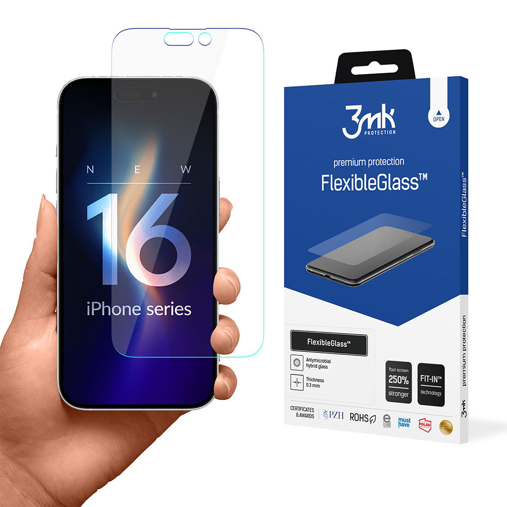 3MK FlexibleGlass schermbeschermfolie voor Apple iPhone 16 Pro, Flexibel Glas, Volledige Lijm