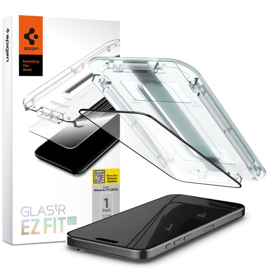 Spigen EZ FIT Screen Protector voor Apple iPhone 15, Afgeschermd glas, volledige verlijming, 2.5D, Case Friendly, zwart AGL06908 AGL06908