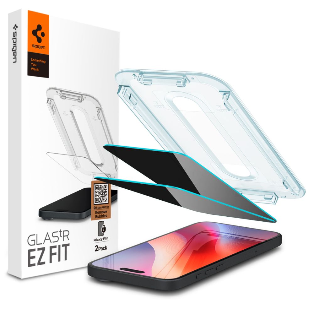 Privacy Screen Protector Spigen GlastR EZ FIT voor Apple iPhone 17 Pro / 17 / 16 Pro, Gehard Glas, Volledige Lijm, Set van 2 stuks AGL07929
