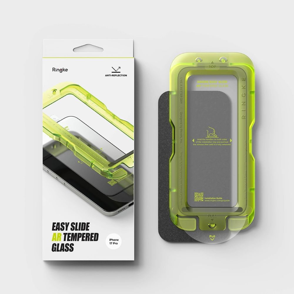 Ringke Easy Slide AR schermbeschermfolie voor Apple iPhone 17 Pro, gehard glas, volledige lijm, 2.5D, zwart