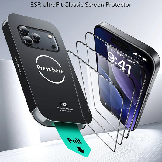 Beschermfolie ESR UltraFit voor Apple iPhone 17 Pro Max, Gehard Glas, Volledige Lijm, Set van 3 stuks