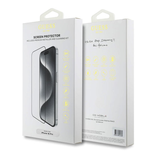 Beschermfolie Guess Classic Outline voor Apple iPhone 16 Pro, Gehard Glas, Volledige Lijm, 2.5D, Zwart GUTGP16LBOKGCIT