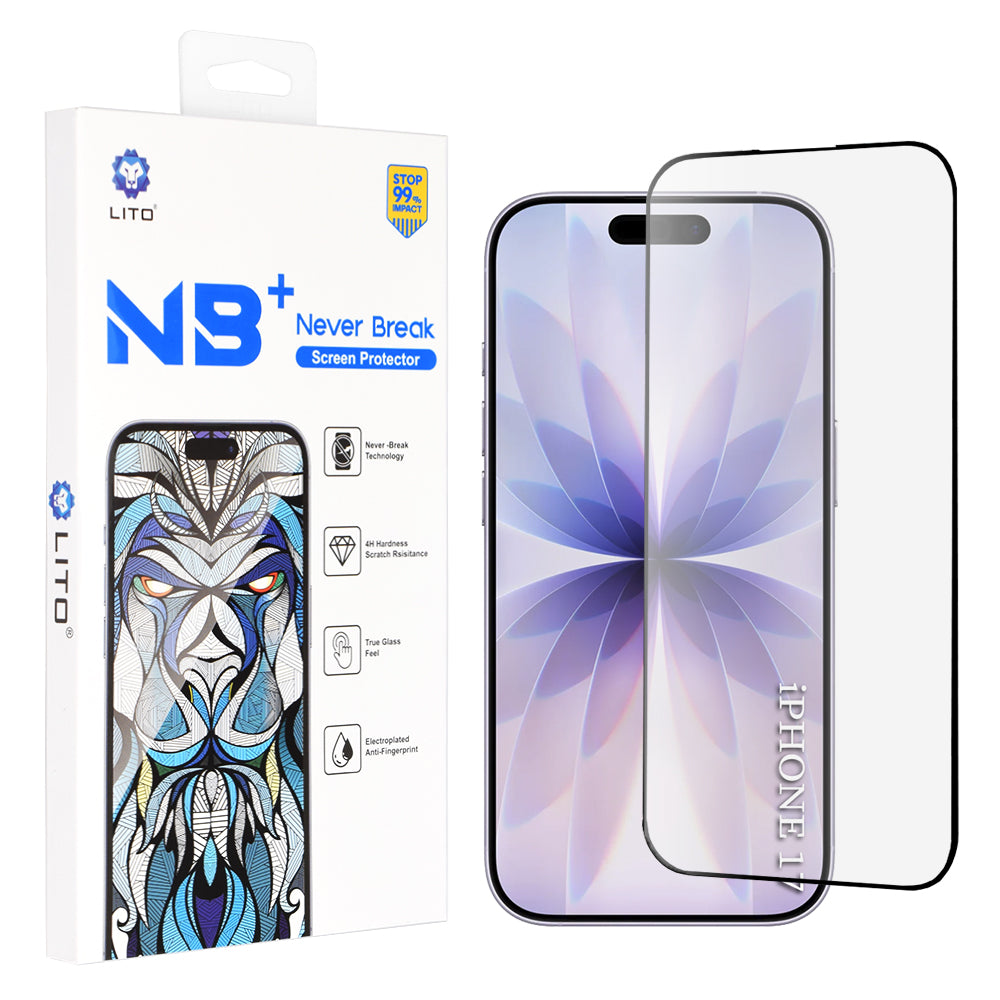 Beschermfolie Lito NB Scherm voor Apple iPhone 17 / 16 Pro, Gehard Glas, Volledige Lijm, Zwart