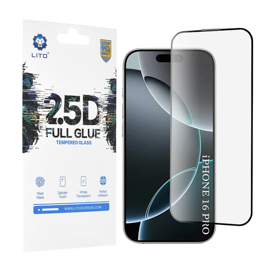 Lito schermbeschermfolie voor Apple iPhone 17 / 16 Pro, Gehard Glas, Full Glue, 2.5D, Zwart