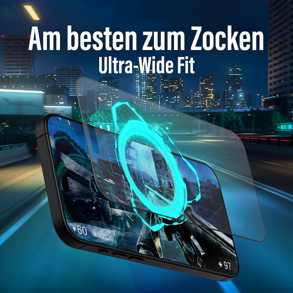 Matte PanzerGlass Ultra-Wide Fit Gaming schermbeschermfolie voor Apple iPhone 16 Pro, Gehard Glas, Volledige Lijm, Zwart