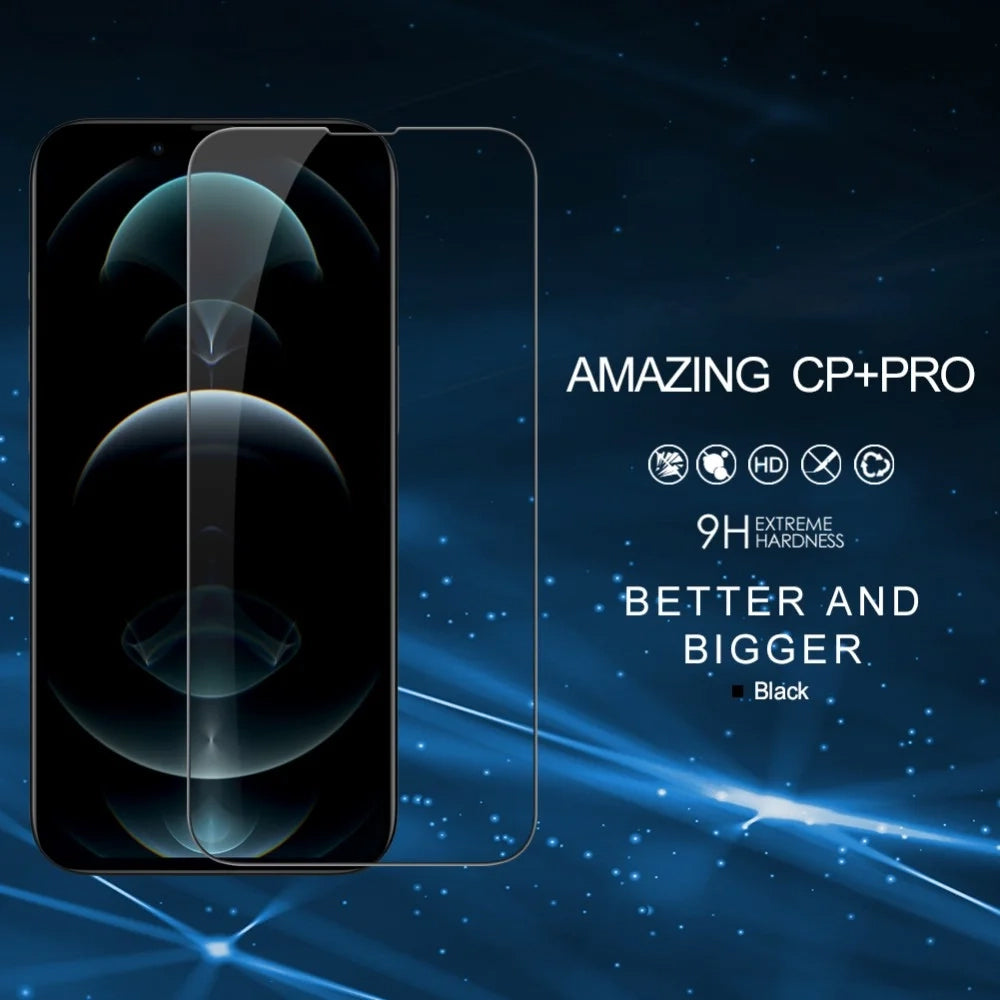 Nillkin CP+ Pro schermbeschermfolie voor Apple iPhone 17e / 16e / 14 / 13 Pro / 13, gehard glas, volledige lijm, zwart