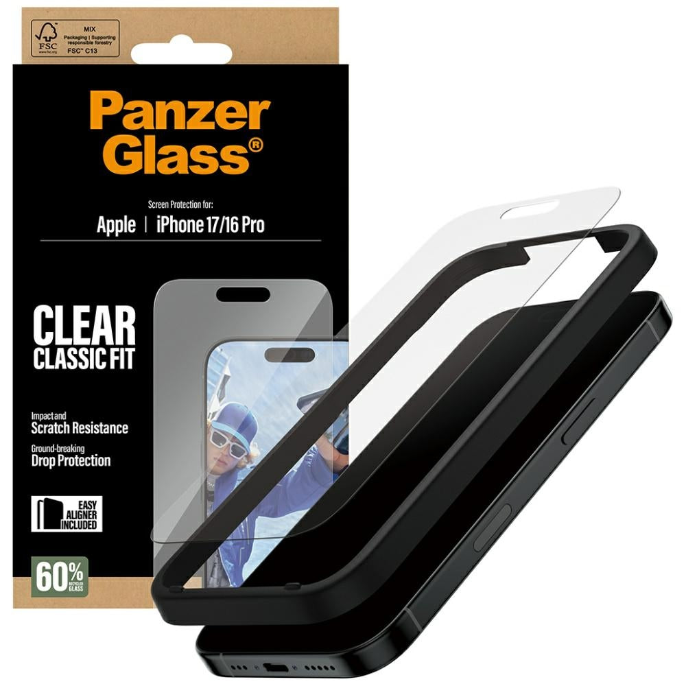 Beschermfolie PanzerGlass Classic Fit EasyAligner voor Apple iPhone 17 / 16 Pro, Gehard Glas, Volledige Lijm