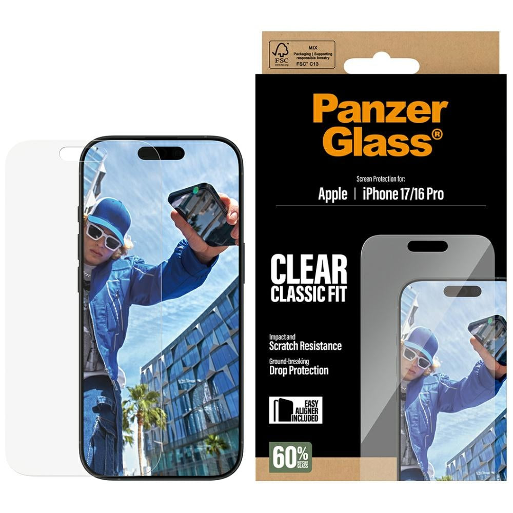Beschermfolie PanzerGlass Classic Fit EasyAligner voor Apple iPhone 17 / 16 Pro, Gehard Glas, Volledige Lijm