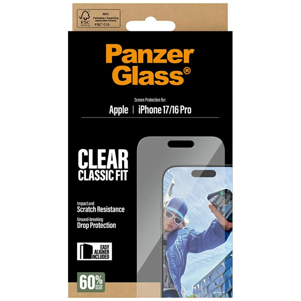 Beschermfolie PanzerGlass Classic Fit EasyAligner voor Apple iPhone 17 / 16 Pro, Gehard Glas, Volledige Lijm