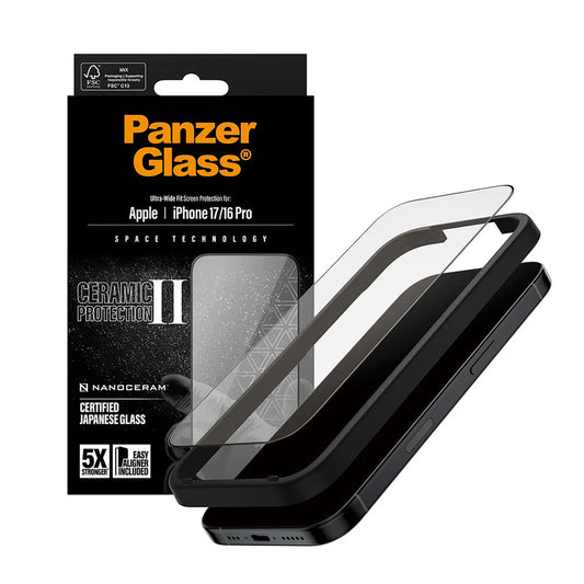 PanzerGlass Ultra-Wide Ceramic II EasyAligner Screen Protector for Apple iPhone 17 / 16 Pro, Tempered Glass, Full Glue, Black