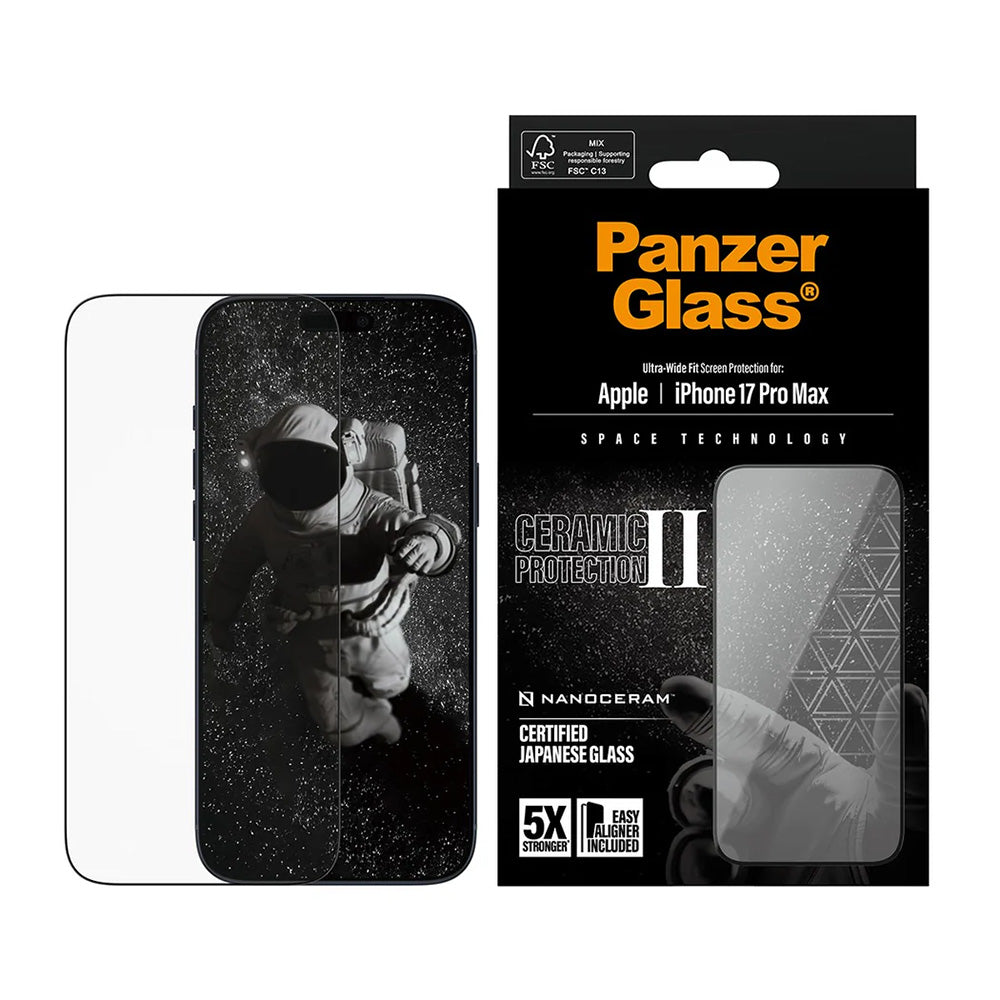 PanzerGlass Ultra-Wide Ceramic II EasyAligner beschermfolie voor Apple iPhone 17 Pro Max, Gehard Glas, Volledige Lijm, Zwart