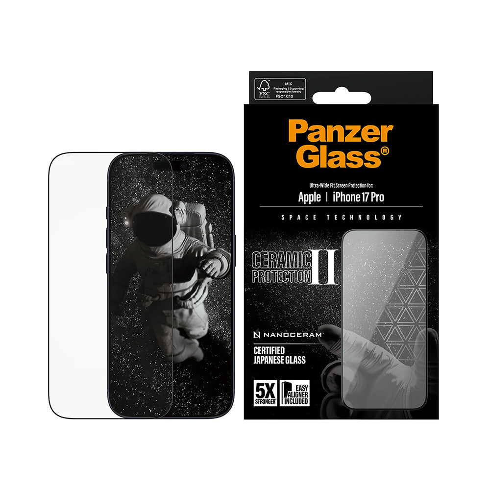 Beschermfolie PanzerGlass Ultra-Wide Ceramic II EasyAligner voor Apple iPhone 17 Pro, Gehard Glas, Volledige Lijm, Zwart