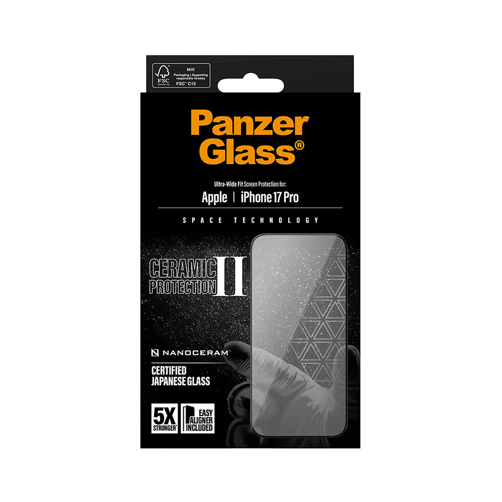 Beschermfolie PanzerGlass Ultra-Wide Ceramic II EasyAligner voor Apple iPhone 17 Pro, Gehard Glas, Volledige Lijm, Zwart