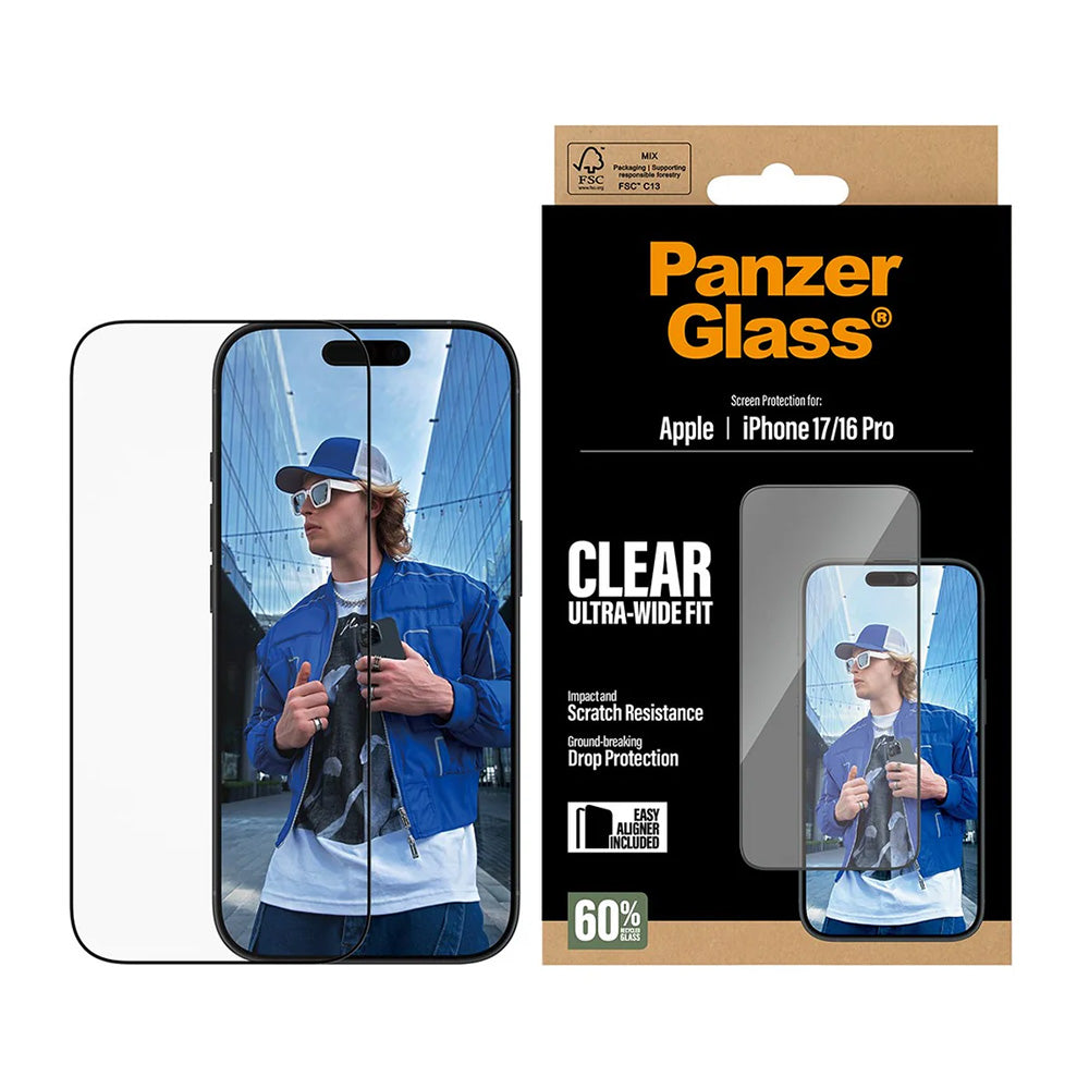 Beschermfolie PanzerGlass Ultra-Wide Fit EasyAligner voor Apple iPhone 17 / 16 Pro, Gehard Glas, Volledige Lijm, Zwart