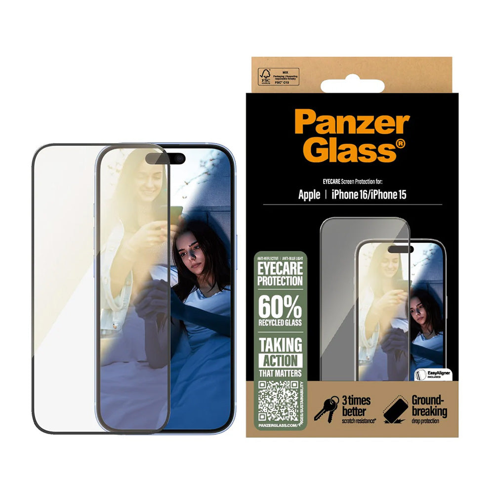 Beschermfolie PanzerGlass Ultra-Wide Fit EyeCare voor Apple iPhone 16 / 15, Gehard Glas, Volledige Lijm, Zwart