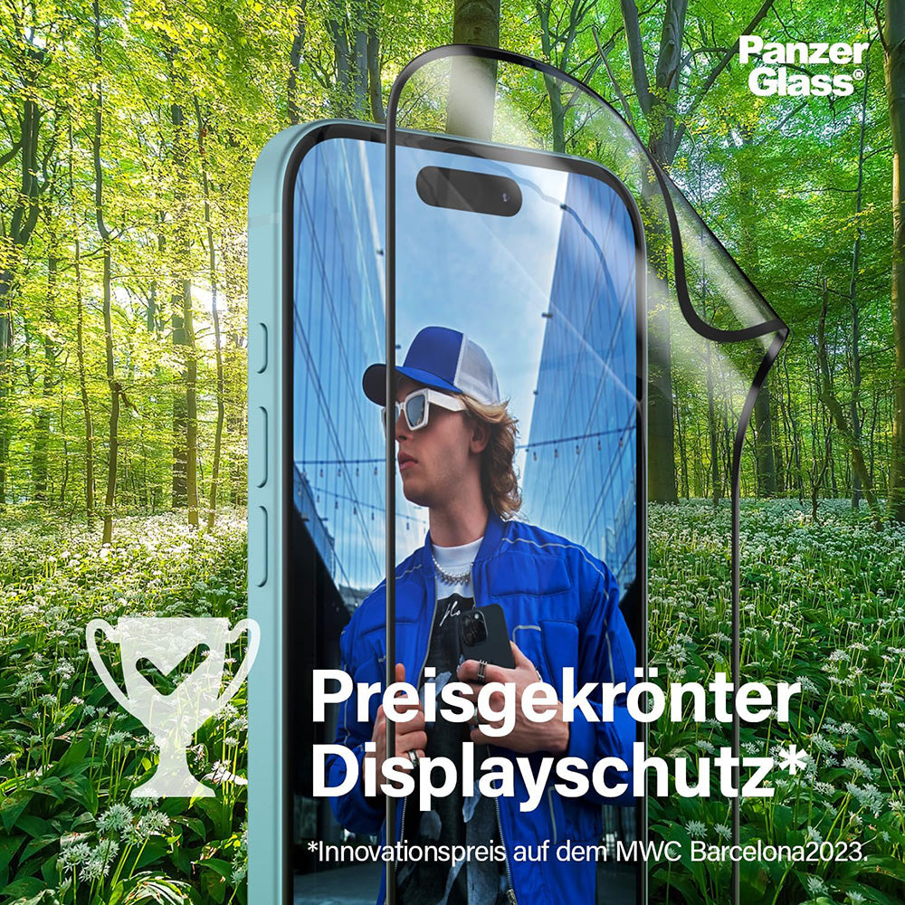 Beschermfolie PanzerGlass Ultra-Wide Fit EyeCare voor Apple iPhone 16 / 15, Gehard Glas, Volledige Lijm, Zwart