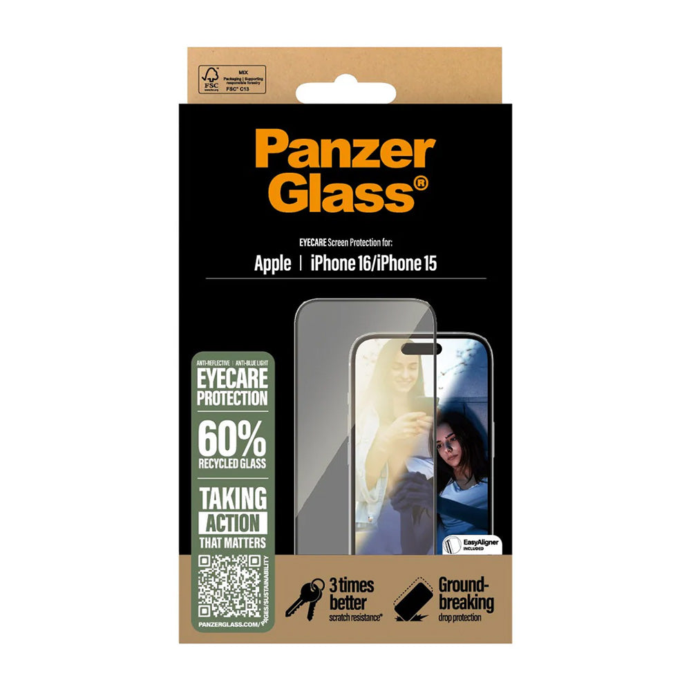 Beschermfolie PanzerGlass Ultra-Wide Fit EyeCare voor Apple iPhone 16 / 15, Gehard Glas, Volledige Lijm, Zwart