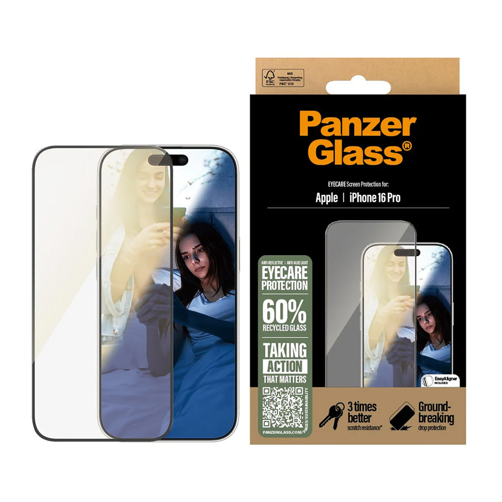 Beschermfolie PanzerGlass Ultra-Wide Fit EyeCare voor Apple iPhone 16 Pro, Gehard Glas, Volledige Lijm, Zwart