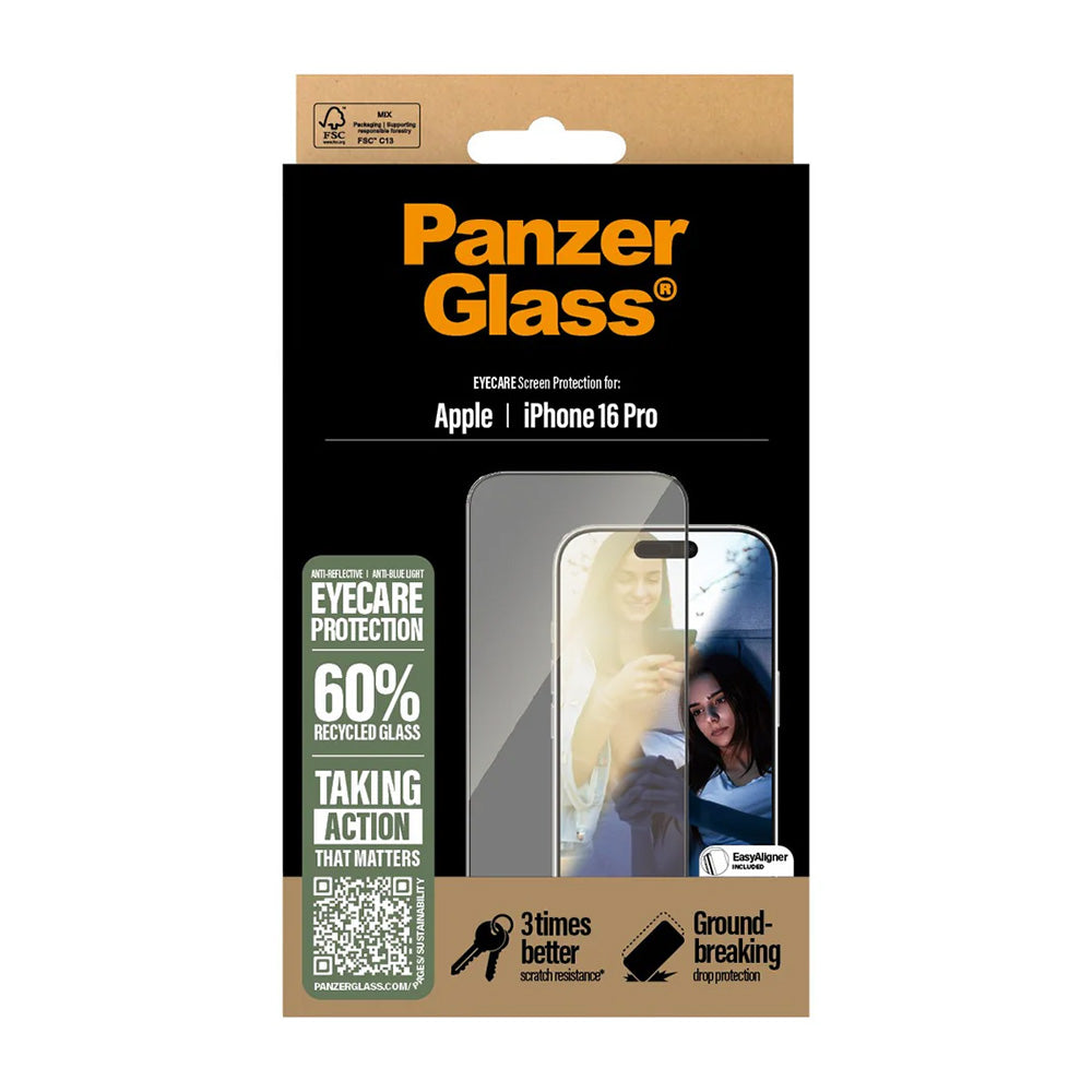 Beschermfolie PanzerGlass Ultra-Wide Fit EyeCare voor Apple iPhone 16 Pro, Gehard Glas, Volledige Lijm, Zwart
