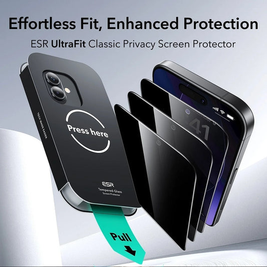 Privacy Screen Protector ESR UltraFit voor Apple iPhone 17 / 16 Pro, Gehard Glas, Volledige Lijm, Set van 3 Stuks