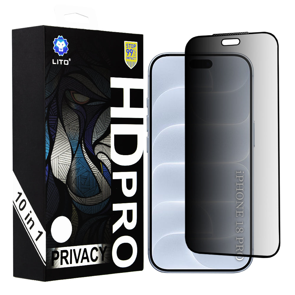 Lito HD Pro Privacy-schermbeschermer voor Apple iPhone 18 Pro, gehard glas, volledige kleeflaag, set van 10 stuks