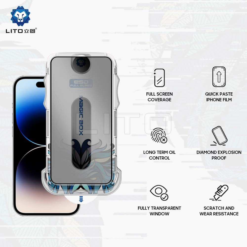 Privacy Screen Protector Folie Lito Magic Glass Box D+ Tools voor Apple iPhone 16 Plus, Gehard Glas, Volledige Lijm